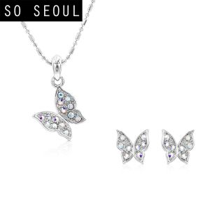 SO SEOUL Caria Flying 3D Butterfly Aurore Boreale Crystal Stud Earrings with Necklace Jewelry Gift Set