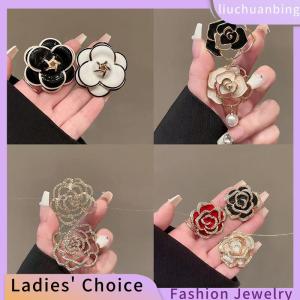 [COD] liuchuanbing Jewellery เข็มกลัดดอกไม้ประดับพลอยเทียมสีทองและสีดำสำหรับผู้หญิงเข็มคาเมลเลียสำหรับเป็นของขวัญ