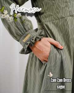 Gamis hermosa embos motif zamzam sage green-gamis hijau sage terbaru-gamis idul fitri sage green