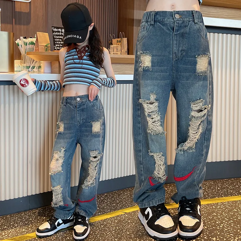 Rolanko Ripped Jeans Pants for Kids Girls Wide Leg Denim Baggy Trousers  Teenage School Students Fashion Casual Bottom Daily Wear 4-14 Years
