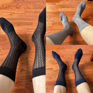 Mens Thin Sheer Nylon Formal Dress Socks Comfortable Fit Waved Pattern Middle Calf Socks for Professional Setting