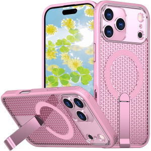 for iPhone 17 Pro Max Case [Compatible with Magsafe] Heat Dissipation with Invisible Metal Kickstand Slim Mesh Breathable Cooling Translucent Hard Plastic Shockproof Phone Case for iPhone 17Air16 Pro Max16E15 Plus14 Pro1312