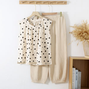 Cotton Cute Sweet Sleeveless Vest Tops with Long Pants 2 Pcs Sleepwear Clothes for Women Summer Thin and Loose Pjamas for Women