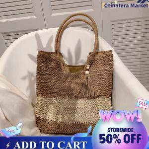 【Chinatera】Summer Straw Woven Bag Contrast Color with Tassels Beach Vacation Bags Large-Capacity Handmade Fashion Casual Simple for Seaside Holiday