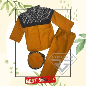 Baju Koko Anak Lengan Panjang Usia 1-6 Tahun Motif Batik Stelan Pakaian Muslim Plus Peci