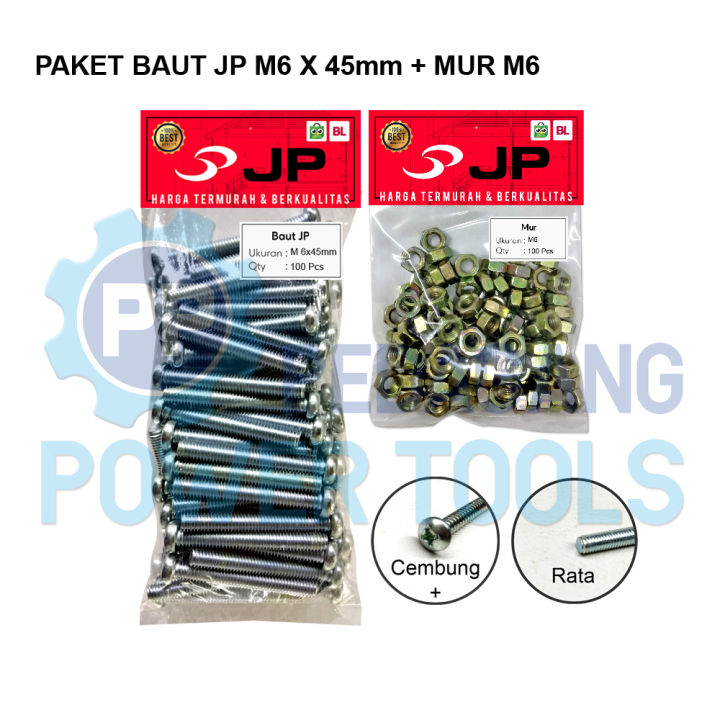 PAKET 2 SET BAUT MUR 6x45 BAUT JP M 6 x 45 MM MUR M6 SKRUP ISI 100 PCS ...