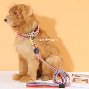 Bộ dây dắt Chó kèm vòng cổ và yếm ngực bằng vải sọc canvas có móc khoá màu vàng hợp kim chắc chắn (mẫu mới) - Love Pets Shop