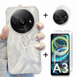 3in1 applies to Redmi A3 Flash Drill phone case Love pearl protective case + screen tempered glass protective film + camera lens film