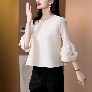 2025 Autumn New Miyake Style Pleated Elastic Loose Plus Size Oversize Niche Lotus Leaf Sleeve Short Sleeve Round Neck Slimming Top T-Shirt for Women