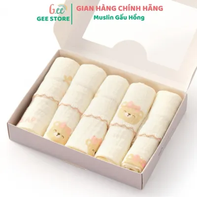Hộp 5 Khăn Xô Sữa Muslin Gee 2 Lớp Họa Tiết Dễ Thương Mềm Mịn Thấm Hút Cho Bé KT 30x30cm