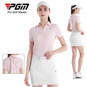 PGM เสื้อกอล์ฟสำหรับผู้หญิงชุดกีฬาเข้ารูปเสื้อโปโลแขนสั้นคอวีสีขาวสีฟ้าสีดำสีชมพู