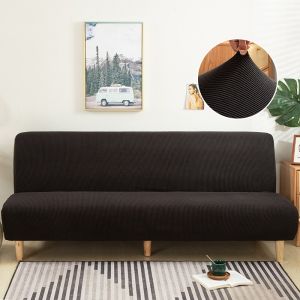 Solid Color Armless Sofa Bed Cover Wear Resistant Armless Sofa Protector Futon Cover Checked Pattern Jacquard with Elastic Bottom