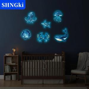 SHNGki Bộ nhãn dán thủy tinh dạ quang sinh vật biển phát sáng trong bóng tối Đề can trang trí tường phòng tắm gia đình hiệu ứng ban đêm