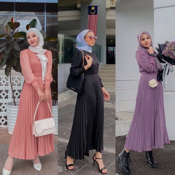 Korean Style Women Ladies Puff Long Sleeve Chiffon Pleated Maxi Dress Party Long  Dress Labuh Muslimah Slim Waist Belt | Lazada