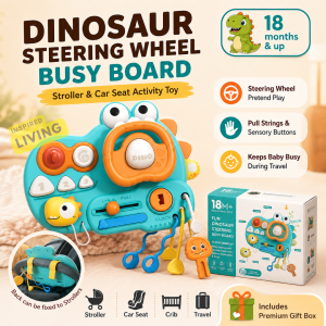Dinosaur Steering Wheel Busy Board for Toddlers | Montessori Sensory Travel Toy | Stroller & Car Seat Activity Board | Fine Motor Skills Toy 18M+