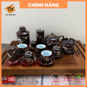 Bộ ấm chén hoa mai trắng vai vuông Bát Tràng hoạ tiết khắc chìm cao cấp dung tích ấm 380ml