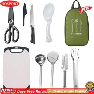 [HOSPORT Official Mall] 8pcs Camping Cookware Utensils Travel Set Stainless Steel Camping Utensil Set Portable Outdoor Camp Cookware Set for Backpacking Outdoor Camping