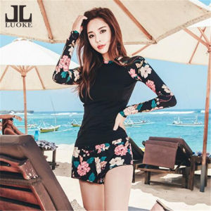 Luoke A Beach Bathing Suit Two-piece Long Sleeve Swimsuit for Women with Boxer Printing Design Rashguards Big Size Hot Spring Bathing Suit