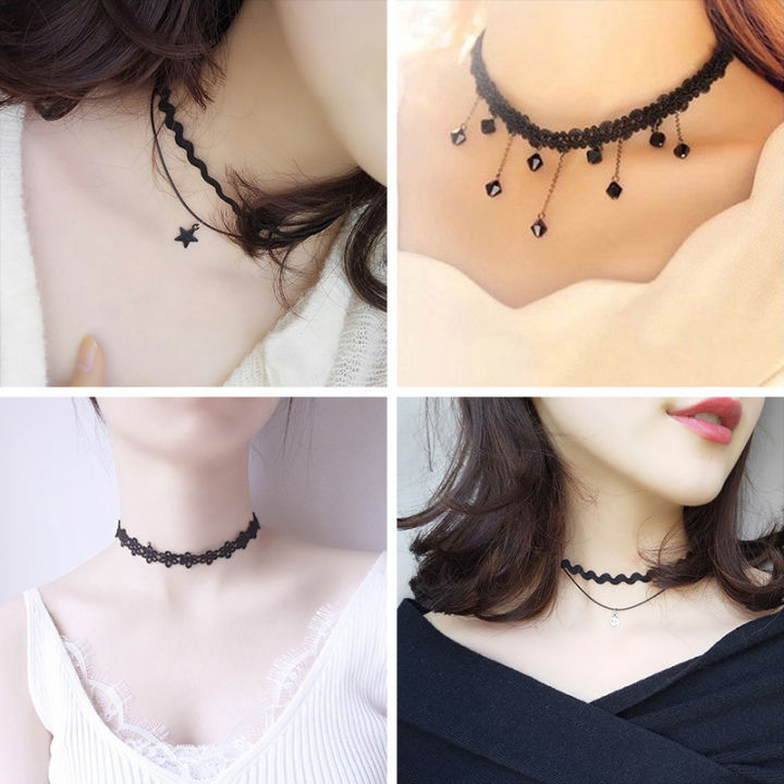 🎀Lacina🎀Women Black Lace Choker Hollow Designs Black Leather