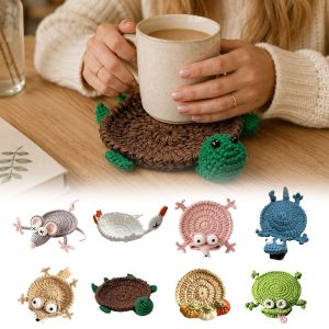 GOUPO Soft Knitted Crochet Animal Coaster Non-slip Base Handmade Crochet Craft Cute Cartoon Cup Mat Fun Knitted Animal Shape Design Knitted Drink Coaster Home Kitchen Table Decor