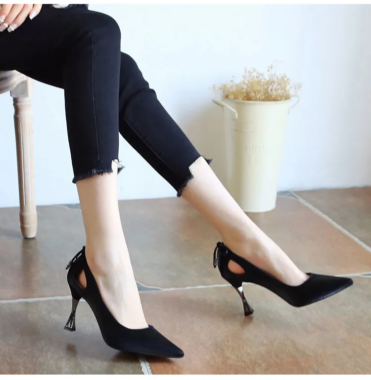 2022 New Korean Versatile High Heels Lady Thin Heel Bow Nude