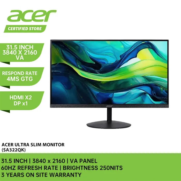 ACER Ultra Slim SA322QK Monitor (31.5"/VA/4K UHD/60Hz/4ms GTG/DP,HDMI/3Y)