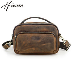 Hiram Retro Crazy Horse Leather Mens Single Shoulder Crossbody Bag Multi Functional Leather Zipper Mens Bag for 8.3-inch iPad