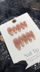 【HANDMADE+Free Glue】Press on Nails Exploding Lotus Pink Blush Gradient Hand Drawn Mermaid Phototherapy Fake Nail Patch Artificial Nail Reusable