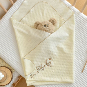 Waffle Pure Cotton Newborn Swaddle Towel Cartoon Embroidery Boys Girls Blanket Bath Towel 90*90CM