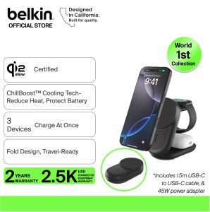 Belkin WIZ037my UltraCharge 3in1 Foldable Magnetic Charger with Qi2 25W (iphone 17/16pixel 10 pro xl)
