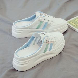 Free Shipping Summer New White Shoes For Women Thick-Soled Open-Toe Mesh Slip-On And Half-Slipper Style