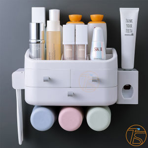 Kệ nhả kem đánh răng tự động kèm cốc RA858 - kệ nhà tắm dán tường để sữa rửa mặt - Bộ kệ 4 cốc Renai để đồ dùng nhà tắm - kệ nhà vệ sinh treo bàn chải