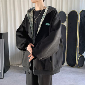 Melody Windmill Reversible Cardigan Sweatshirt Mens Hooded Trendy ins Plaid Label Loose Casual Jacket Top for Autumn