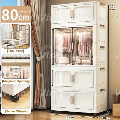 VISION Durabox Foldable Wardrobe Cabinet with Drawer and Wheels - White Large Capacity Storage for Clothes Easy to Install Home Organizer