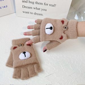 BHHH Outdoor Driving Warm Touch Screen Windproof Cold Protection Christmas Gift Bear Half Finger Flip Gloves Winter Plush Gloves Women Flip Gloves Korean Mittens