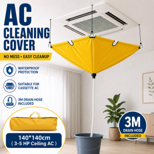 Ceiling Cassette Aircon Cleaning Cover 140x140cm Double-Layer Thickened PVC Oxford Fabric AC Water Catch Bag with 3M Drain Hose for 35HP Ceiling Mounted Cassette Air Conditioner