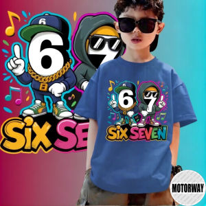 MOTORWAY K9767 T-shirt with cartoon characters and "Six Seven" text. Graphic design includes numbers 6 and 7 musical notes and vibrant colors. Suitable for casual wearShort-sleeved crew neck cotton top suitable as a childrens birthday gift.