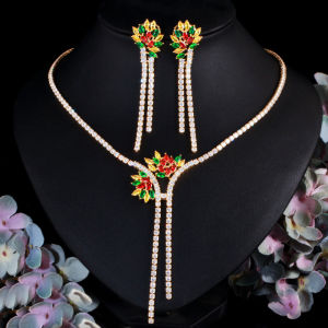 SEQUITO Bộ Trang Sức Cưới Ấn Độ Mạ Vàng Tuyệt Đẹp Bông Tai Vòng Cổ Mặt Dây Chuyền Hình Bông Hoa Thả Siêu Dài Dát Đá Zircon Nhiều Màu Sắc Cho Cô Dâu Phụ Kiện Váy Chữ V Trầm J256