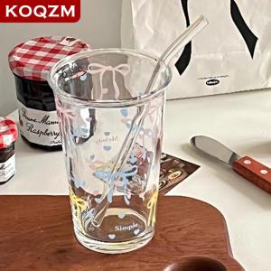 [COD] KOQZM KITCHEN Bow Glass Cute Water Cup Cartoon Bow Glass Cup Striped Cute Doodle Coffee Mug Household Fruit Tea Lemonade Girls Gift