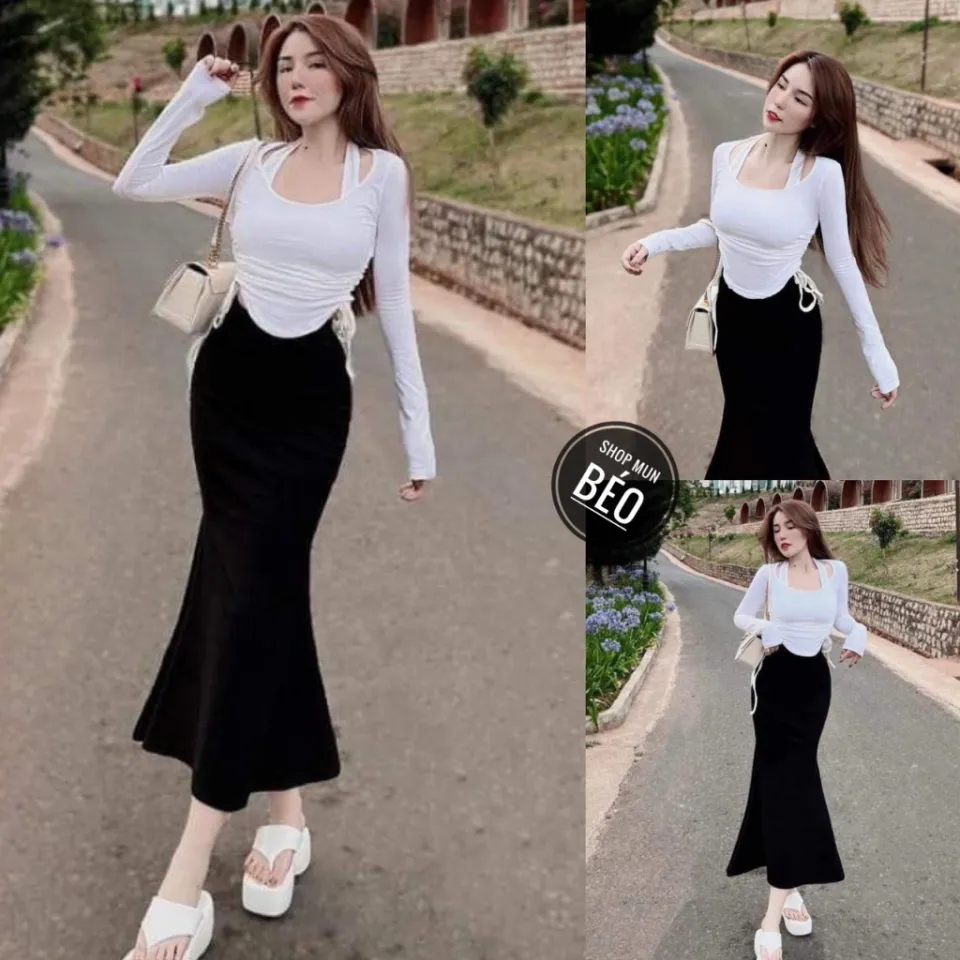 SUSV002 Set áo thun trắng không cổ dài tay chân váy kẻ caro xanh trẻ trung  Bộ áo phông hè thu đầm ngắn chữ A nữ sinh | Shopee Việt Nam