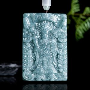 Natural A-grade Jade Blue Coins God of Wealth Carving Square Men Pendant with Certificate