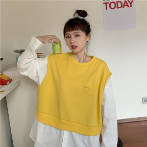 Kaos Lengan Panjang Wanita Pullover Sweatshirts Polos Longgar Palsu Atasan Dua