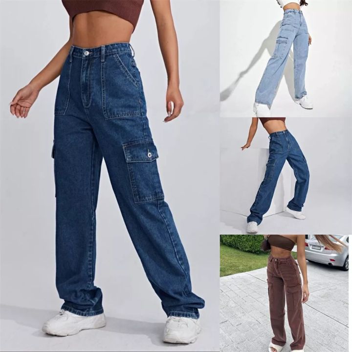 Women's High Waist Large Cargo Flap Pockets Design Straight Leg Casual  Jeans In BLUE
