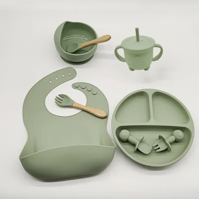 8pcs Baby to Toddler Tableware Set Bowl Cup Cutlery Spoon Fork Set Training Plate with Divider Non-Slip Mat BPA-Free