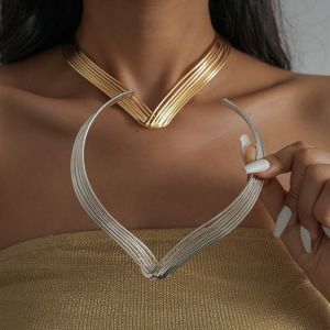 OEUVR Geometric Jewelry Metallic Multi-Layer Line Necklace Metal Opening Exaggerated Womens Fashion Choker Bohemian Vacation Style Elegant Irregular Metal Twisted Collar Holiday Gifting