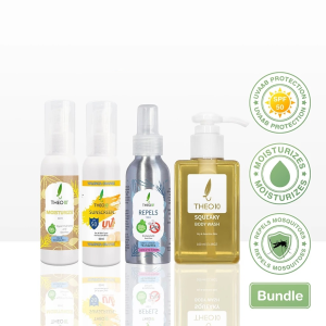 🇸🇬 Theo10 Travel Bundle | Natural Organic Moisturizer Sunscreen Mosquito Repellent Bath Body Wash Gel Travel Essentials Eczema Dry Sensitive Itchy Skin Face Body Care Hand Lotion Cream Mozzie Repel Sun UV Protection SPF 50 Children Friendly Kids Safe