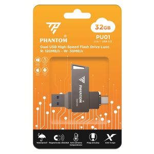 USB 3.0 OTG PHANTOM PU01 32GB / 64GB / 128GB / 256GB Cổng USB-A và TypeC cho Máy Tính / Điện Thoại - Vỏ Kim Loại nguyên - Nhất Tín Chính Hãng