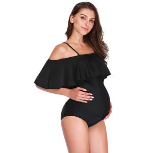 Hiส่งต่อชุดว่ายน้ำสตรีแฟชั่นชุดคลุมท้องชุดอาบน้ำชิ้นเดียวสำหรับคุณแม่ตั้งครรภ์บิกินี่ชุดคลุมท้องเสื้อผ้าว่ายน้ำคลุมท้องเปิดไหล่ระบายเอว