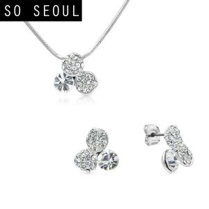 SO SEOUL Glimmering Petal Austrian Crystal Pierced Stud Earrings with Pendant Chain Necklace Jewelry Gift Set