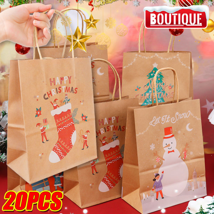20PCS Christmas Gift Bag Kraft Paper Bags Tote Gift Bags Santa Claus